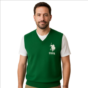 US Polo Green Wool Blend Ribbed Hem Large White Logo USPA Vest Vintage Rare sz.L